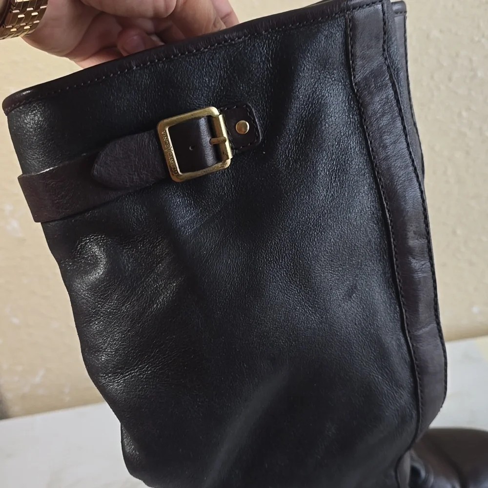 Vince Camuto Black and Brown Knee-High Boots with Buckle Detail